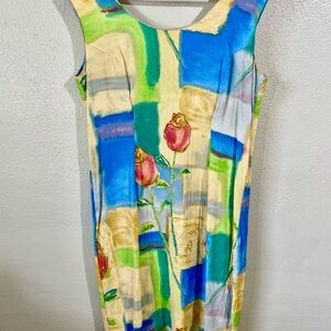 Jams World Multicolor Art Print Shift Midi Dress Sleeveless Hawaii A Line Large